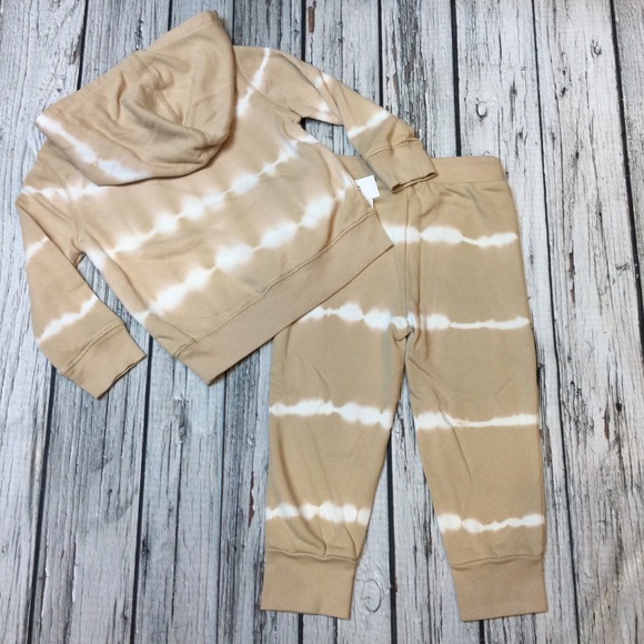 Gap Boys 3T 4T 5T Tan Brown & White Hoodie Sweatshirt & Sweatpants Outfit NWT - Picture 3 of 4
